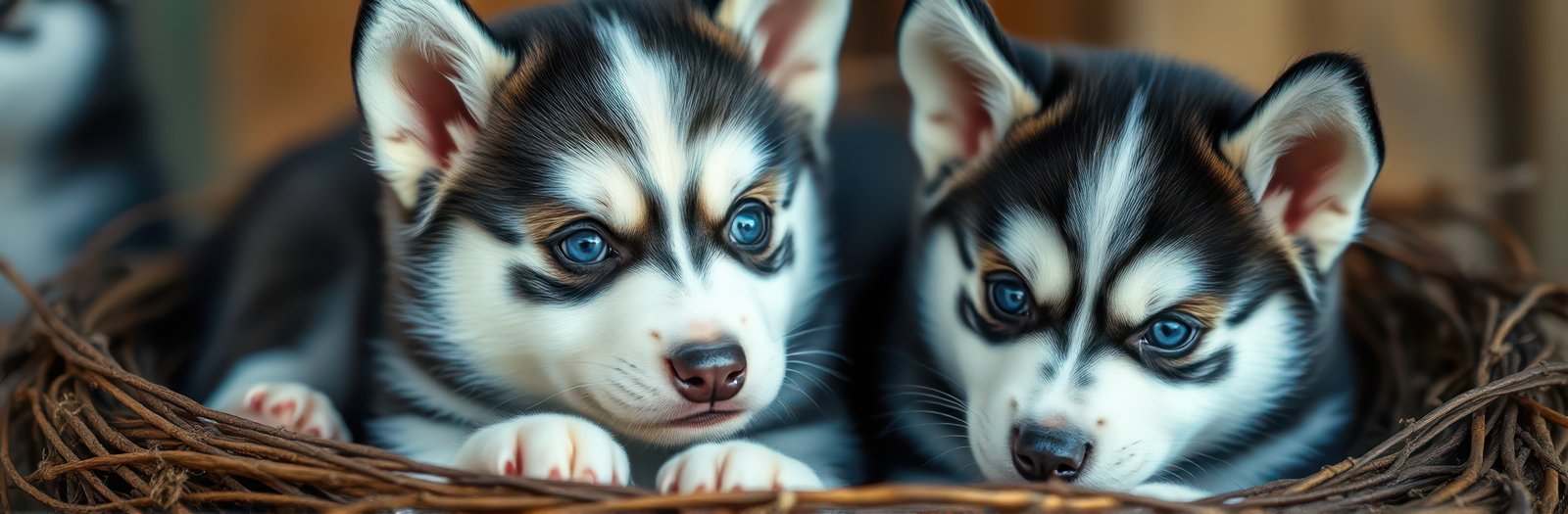 Two adorable husky puppies resting together in a cozy nest made of twigs